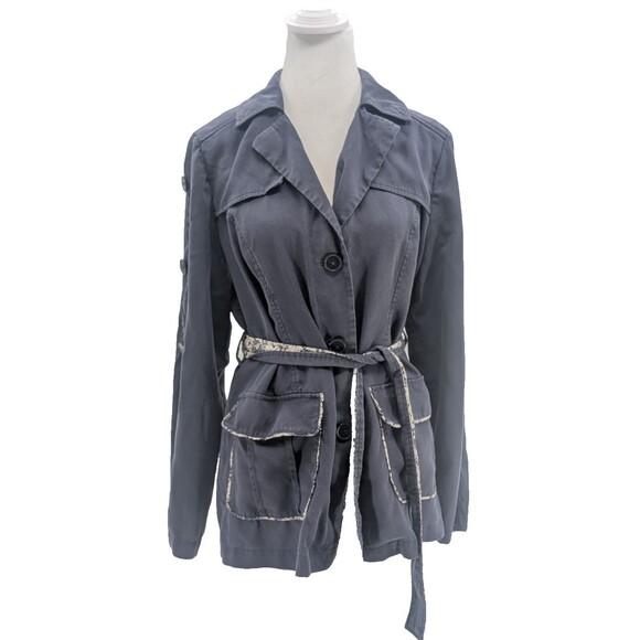 Laurie Felt Navy Blue Floral Trim Belted Button Up Collared Jacket Size S/M - Picture 1 of 10